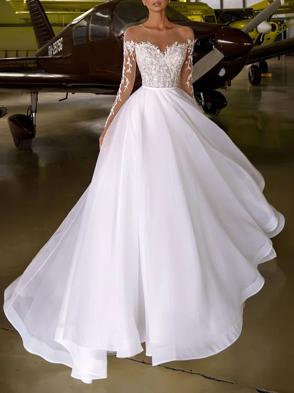 A-line Illusion Chiffon Chapel Train Wedding Dress #UKM00027229