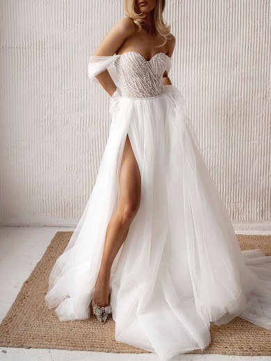 Ball Gown/Princess Off-the-shoulder Tulle Chapel Train Wedding Dress #UKM00027230