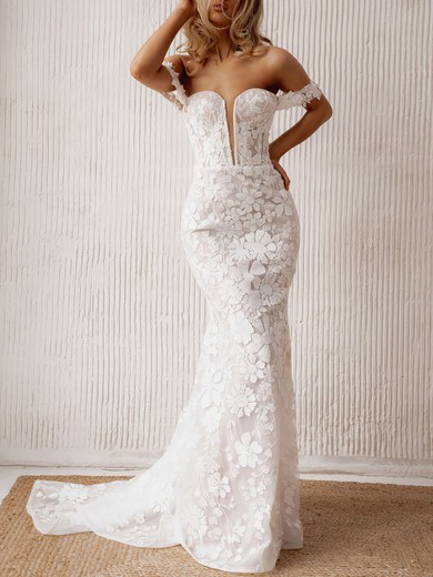 Trumpet/Mermaid Off-the-shoulder Lace Court Train Wedding Dress #UKM00027231