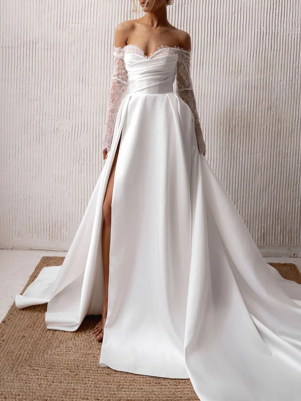 Ball Gown/Princess Off-the-shoulder Satin Chapel Train Wedding Dress #UKM00027232