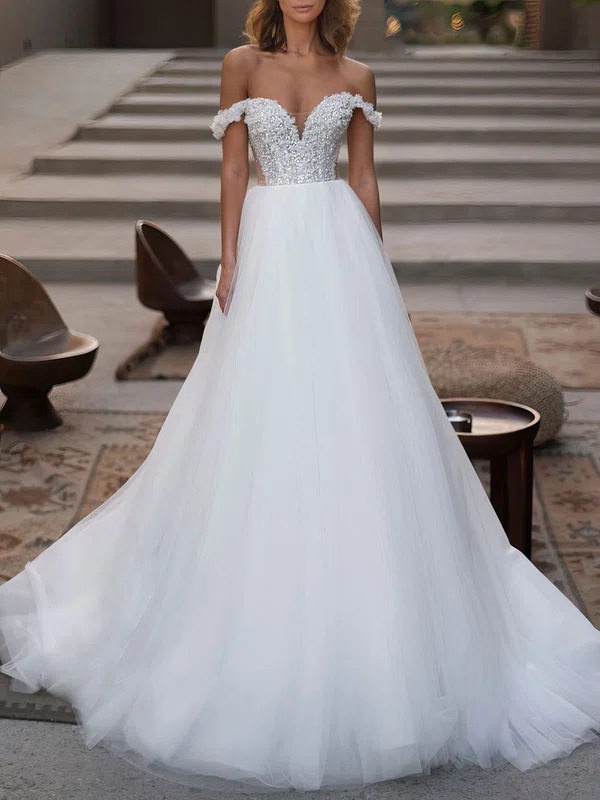 Ball Gown/Princess Off-the-shoulder Tulle Chapel Train Wedding Dress #UKM00027235