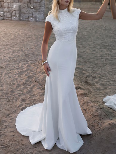 Trumpet/Mermaid High Neck Stretch Crepe Court Train Wedding Dress #UKM00027243