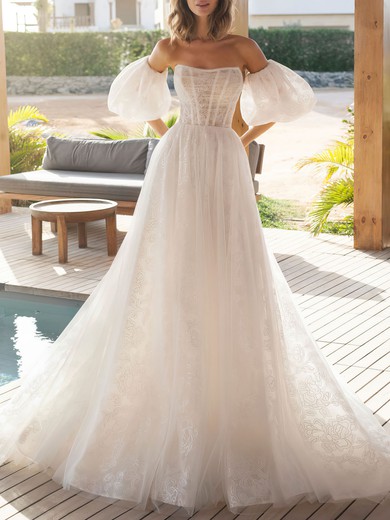 Ball Gown/Princess Straight Lace Tulle Chapel Train Wedding Dress #UKM00027248