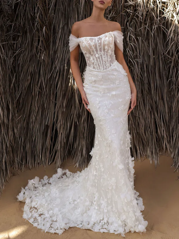 Trumpet/Mermaid Off-the-shoulder Lace Chapel Train Wedding Dress #UKM00027254