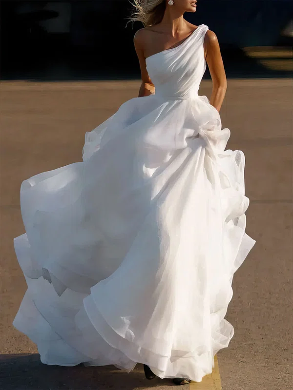 Ball Gown/Princess One Shoulder Organza Chapel Train Wedding Dress #UKM00027279