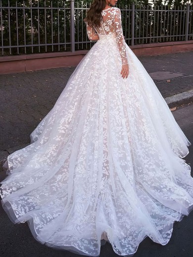 Ball Gown/Princess Illusion Lace Tulle Watteau Train Wedding Dress #UKM00027285