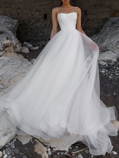 Ball Gown/Princess Straight Lace Tulle Watteau Train Wedding Dress #UKM00027288