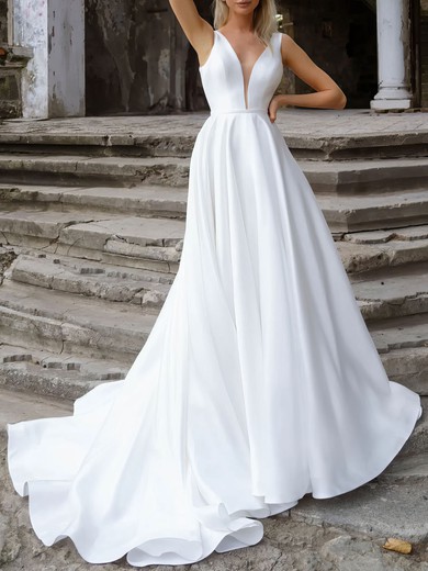 Ball Gown/Princess V-neck Satin Chapel Train Wedding Dress #UKM00027292