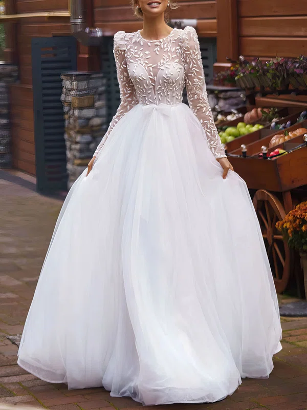 Ball Gown/Princess Illusion Lace Tulle Chapel Train Wedding Dress #UKM00027296