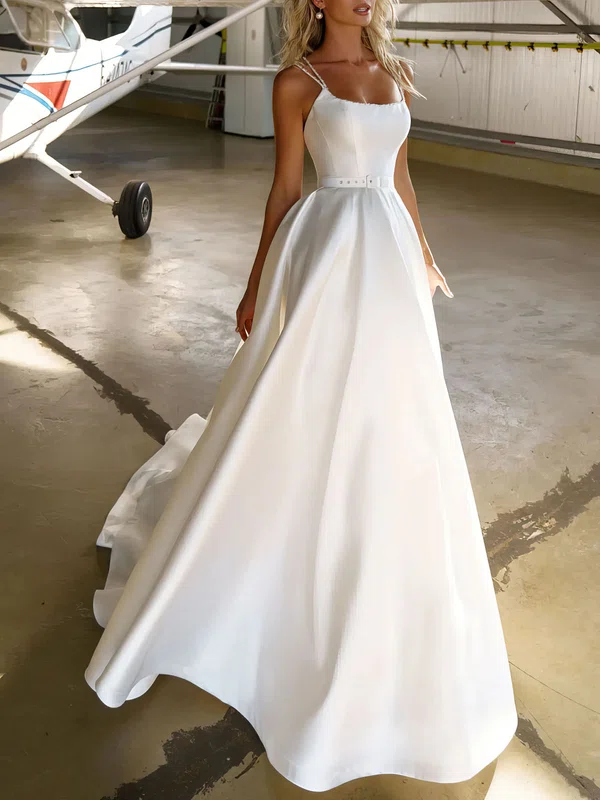 Ball Gown/Princess Square Neckline Satin Chapel Train Wedding Dress #UKM00027297