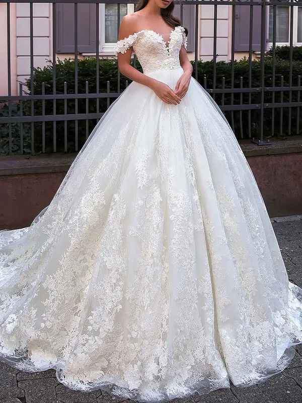 Ball Gown/Princess Off-the-shoulder Lace Tulle Chapel Train Wedding Dress #UKM00027304