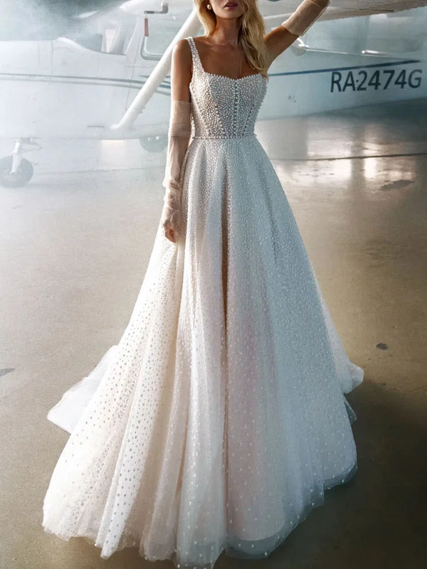 Ball Gown/Princess V-neck Tulle Sweep Train Wedding Dress With Pearl Detailing #UKM00027307