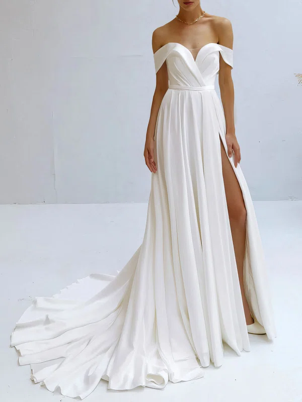 A-line Off-the-shoulder Satin Court Train Wedding Dress With Ruched #UKM00027319