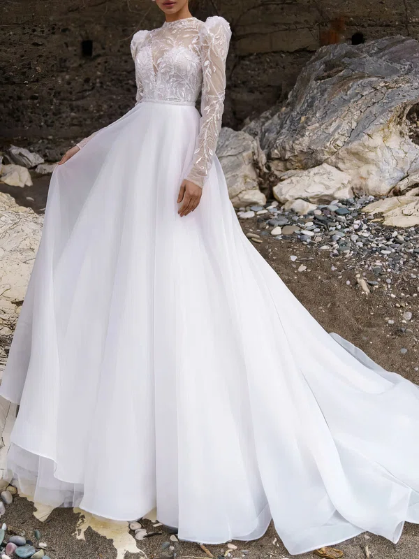 Ball Gown/Princess High Neck Tulle Court Train Wedding Dress With Beading #UKM00027324