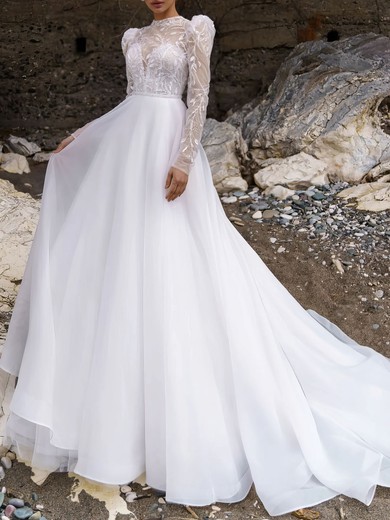 Ball Gown/Princess High Neck Tulle Court Train Wedding Dress With Beading #UKM00027324