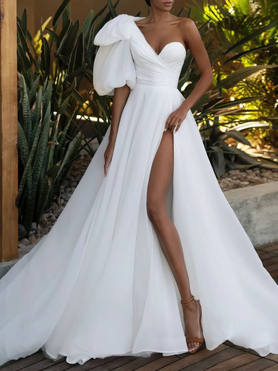 Ball Gown/Princess One Shoulder Organza Court Train Wedding Dress With Split Front #UKM00027328