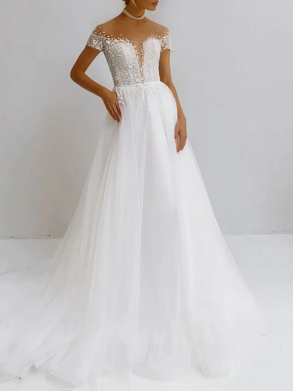 Ball Gown/Princess Illusion Tulle Sweep Train Wedding Dress With Appliques Lace #UKM00027339