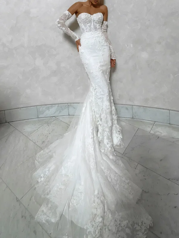 Trumpet/Mermaid Sweetheart Lace Court Train Wedding Dress With Appliques Lace #UKM00027345