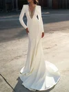 Trumpet/Mermaid V-neck Stretch Crepe Sweep Train Wedding Dress With Beading #UKM00027348