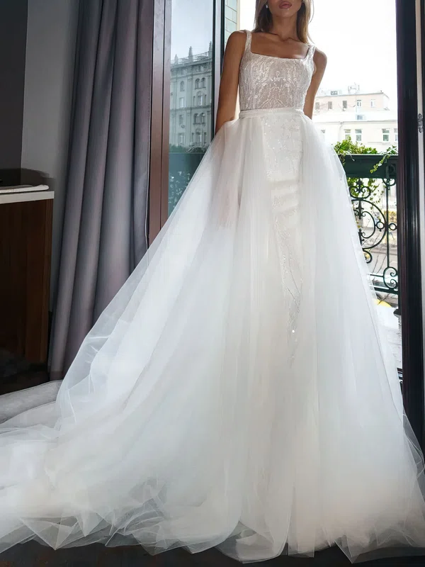 Ball Gown/Princess Square Neckline Lace Tulle Court Train Wedding Dress With Beading #UKM00027351