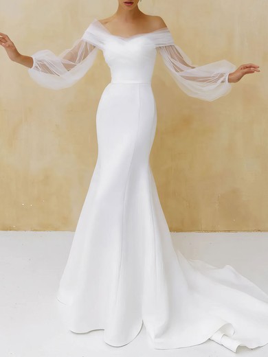 Trumpet/Mermaid Off-the-shoulder Satin Sweep Train Wedding Dress With Ruched #UKM00027359