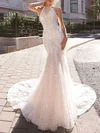 Trumpet/Mermaid Scoop Neck Glitter Lace Court Train Wedding Dress With Beading #UKM00027360