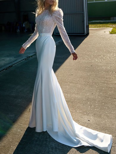 Trumpet/Mermaid Scoop Neck Glitter Stretch Crepe Sweep Train Wedding Dress #UKM00027367