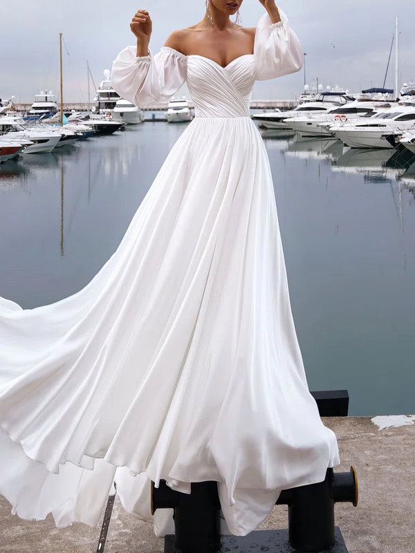 A-line Off-the-shoulder Chiffon Sweep Train Wedding Dress With Ruched #UKM00027370