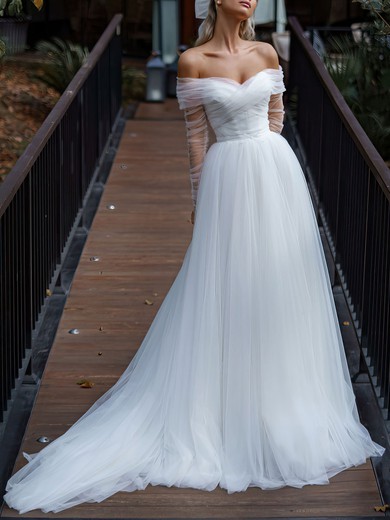 Ball Gown/Princess Off-the-shoulder Satin Tulle Chapel Train Wedding Dress With Ruched #UKM00027372