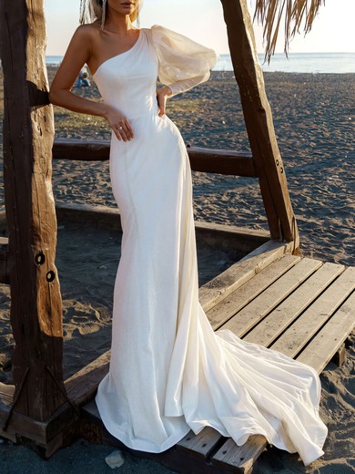 Trumpet/Mermaid One Shoulder Glitter Court Train Wedding Dress With Ruched #UKM00027373