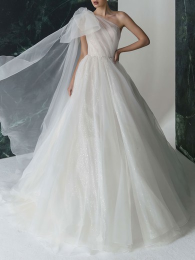 Ball Gown/Princess One Shoulder Glitter Tulle Court Train Wedding Dress With Bow #UKM00027386