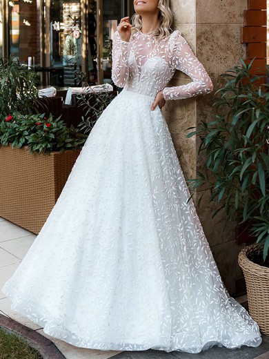 Ball Gown/Princess Illusion Lace Sweep Train Wedding Dress #UKM00027391