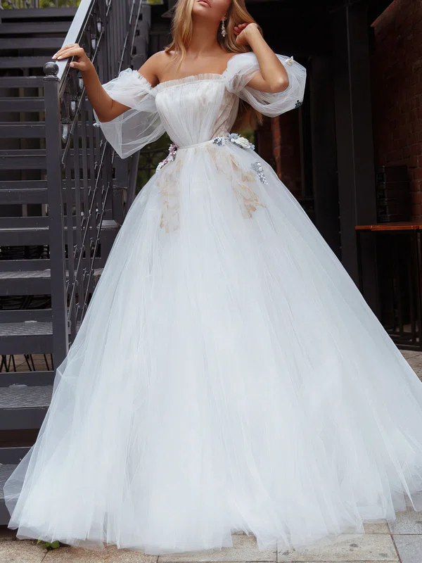 Ball Gown/Princess Off-the-shoulder Tulle Floor-length Wedding Dress With Flower(s) #UKM00027392