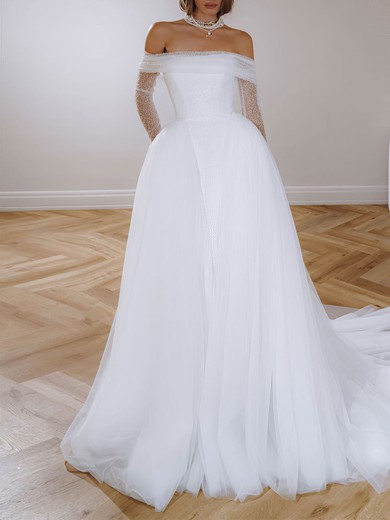 Ball Gown/Princess Off-the-shoulder Glitter Tulle Court Train Wedding Dress #UKM00027394