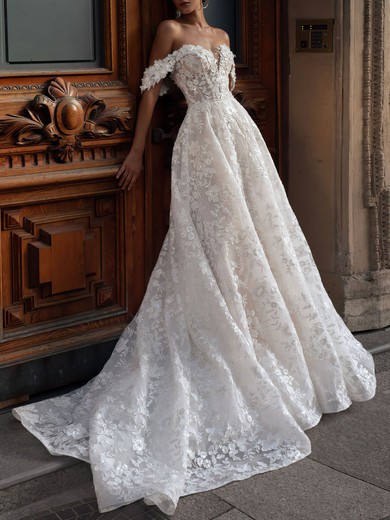 Ball Gown/Princess Off-the-shoulder Lace Court Train Wedding Dress With Pearl Detailing #UKM00027395