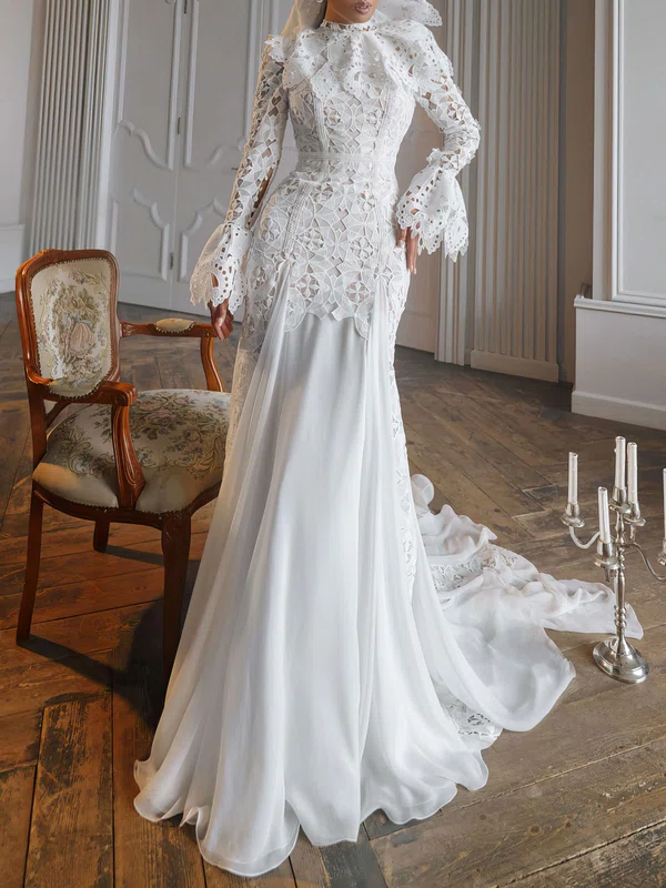 Trumpet/Mermaid High Neck Lace Chiffon Court Train Wedding Dress #UKM00027397