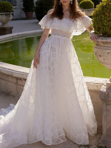 Ball Gown/Princess Off-the-shoulder Lace Sweep Train Wedding Dress #UKM00027398