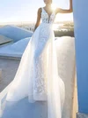 Trumpet/Mermaid V-neck Lace Tulle Watteau Train Wedding Dress With Pearl Detailing #UKM00027404