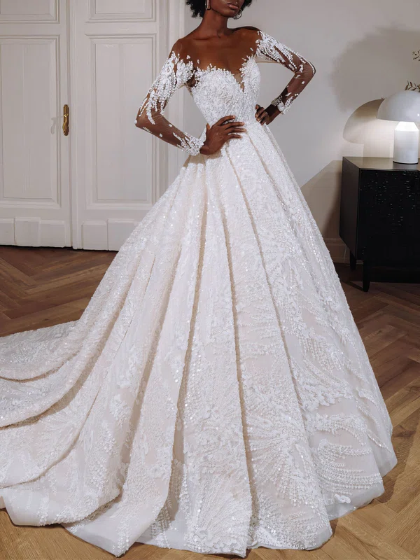 Ball Gown/Princess Illusion Glitter Lace Chapel Train Wedding Dress With Appliques Lace #UKM00027407