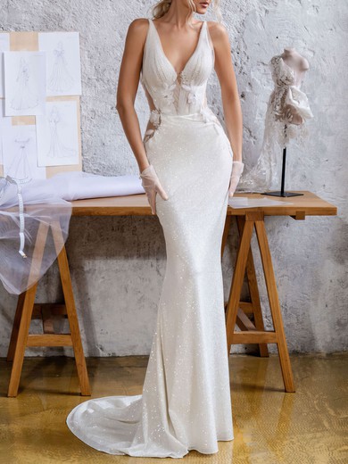 Trumpet/Mermaid V-neck Glitter Tulle Watteau Train Wedding Dress With Appliques Lace #UKM00027408