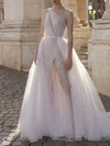 Ball Gown/Princess One Shoulder Tulle Watteau Train Wedding Dress With Sequins #UKM00027409