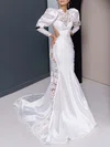 Trumpet/Mermaid High Neck Taffeta Court Train Wedding Dress With Appliques Lace #UKM00027420