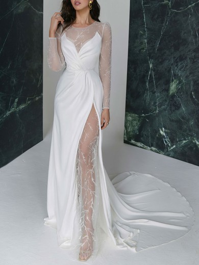 Sheath/Column Illusion Satin Sweep Train Wedding Dress With Split Front #UKM00027421