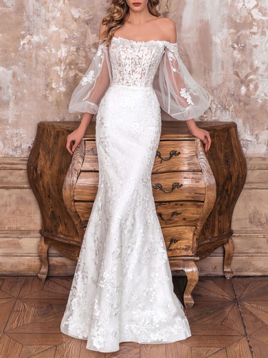 Trumpet/Mermaid Off-the-shoulder Lace Tulle Watteau Train Wedding Dress With Appliques Lace #UKM00027426