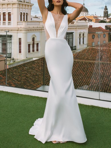 Trumpet/Mermaid Illusion Stretch Crepe Sweep Train Wedding Dress With Crystal Detailing #UKM00027428