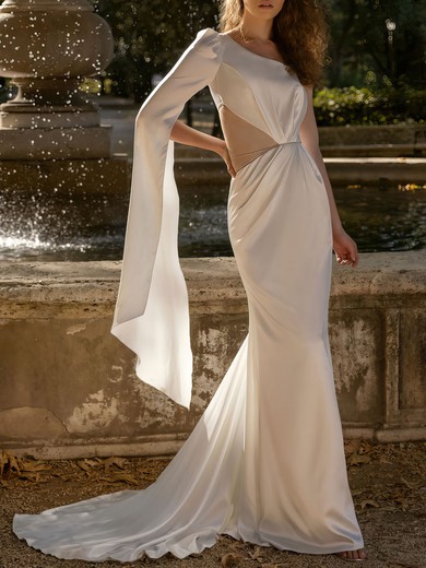 Trumpet/Mermaid One Shoulder Satin Sweep Train Wedding Dress With Ruched #UKM00027430