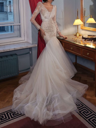 Trumpet/Mermaid Illusion Glitter Tulle Chapel Train Wedding Dress With Feathers #UKM00027431