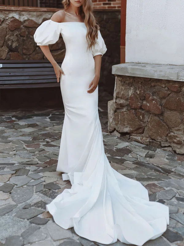 Trumpet/Mermaid Off-the-shoulder Stretch Crepe Court Train Wedding Dress #UKM00027432