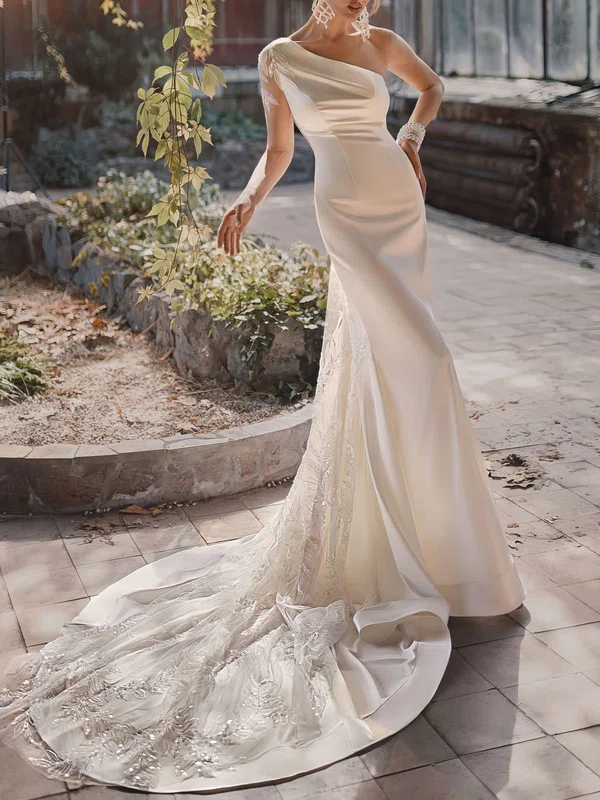 Trumpet/Mermaid One Shoulder Satin Court Train Wedding Dress With Beading #UKM00027435