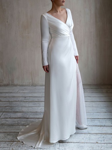 Sheath/Column V-neck Satin Sweep Train Wedding Dress With Beading #UKM00027440